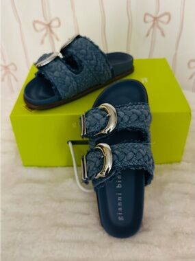 Gianni Bini Women’s Braided Double-Buckle Slide Sandals in Denim Blue
